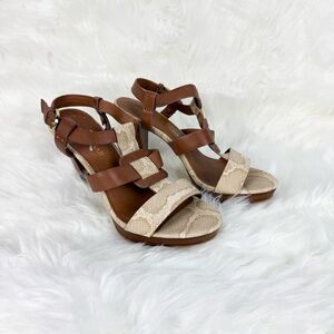 Franco Sarto "Betsy Car" Open Toe Cognac and Snake Skin Strappy Heels